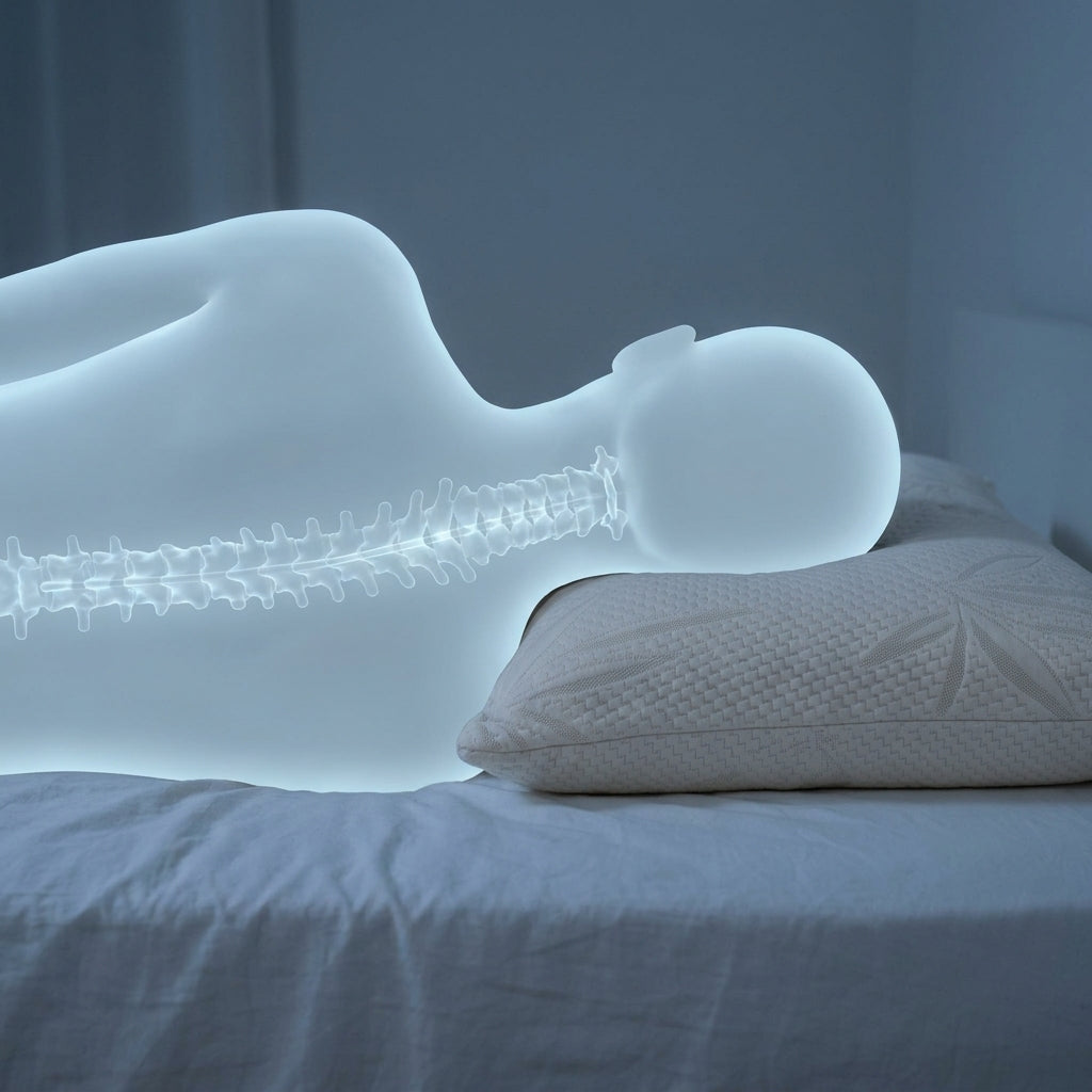 Siluetă culcată pe o parte, cu coloana aliniată pe perna anatomică