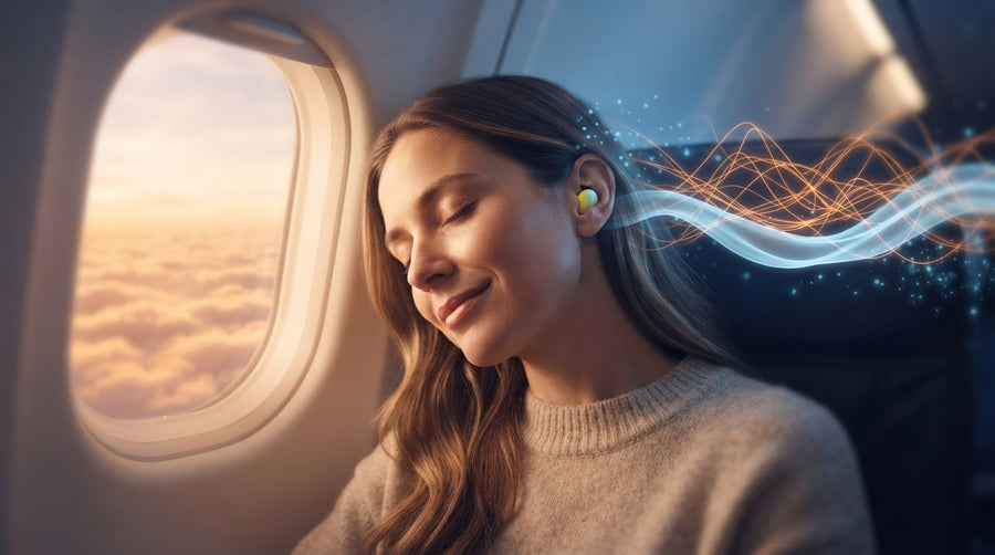 Femeie care doarme în avion, cu dopuri de urechi care țin zgomotul departe