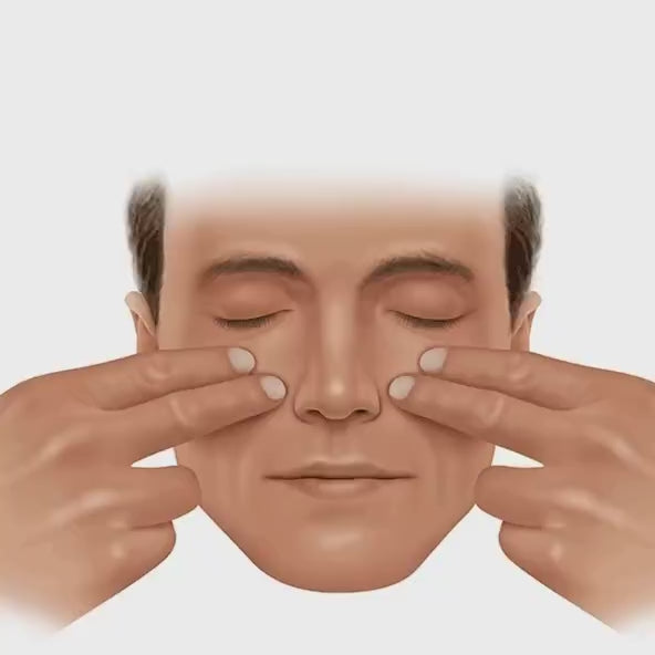 Ilustrație: degetele trag ușor obrajii spre exterior, lângă nas, ca să deschidă nările