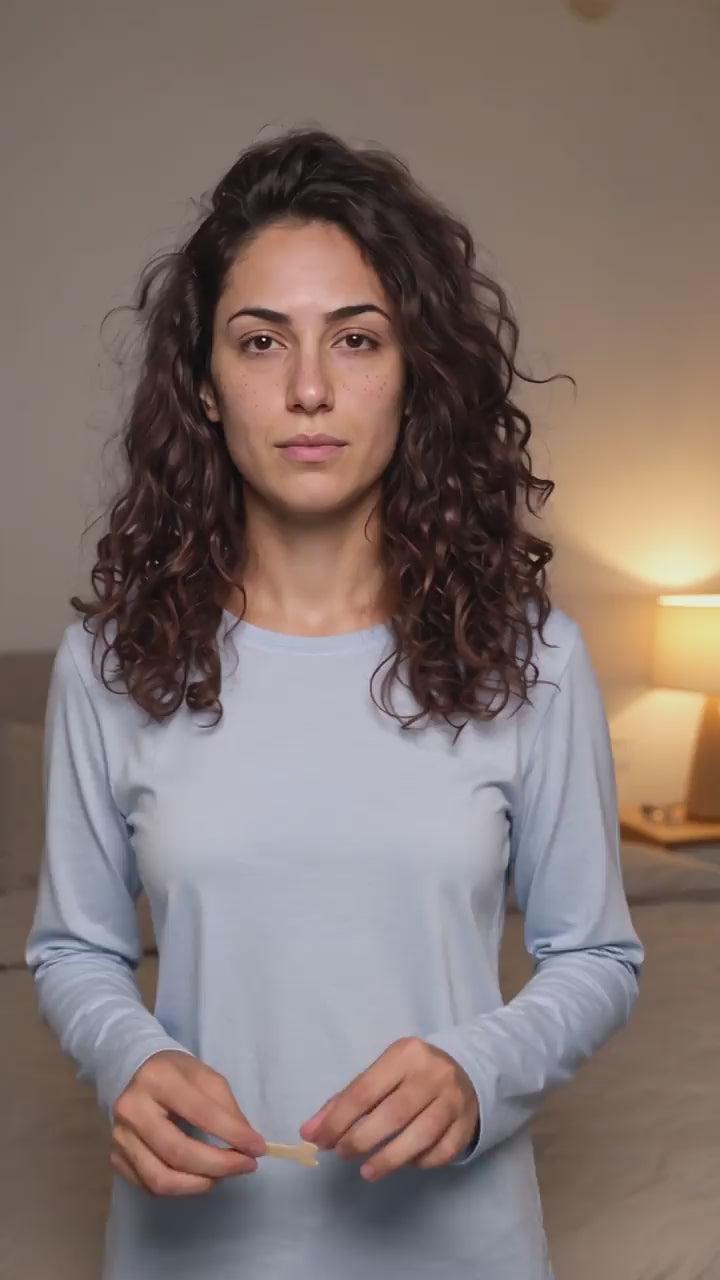 Femeie care ține în mâini o bandă nazală înainte să o aplice